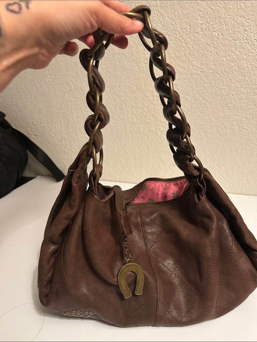 Betsy Johnson Vintage Brown Leather Shoulder Bag with Chain Detail